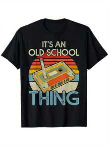 Retro Kassettenband Grafik-Shirt| Unisex 80er & 90er Musikdesign,%, Rundhalsausschnitt, Kurzarm, S-, Schwarz mit bunten Streifen & IT'S AN OLD SCHOOL THING Druck, Vintage-Shirt, Übergröße - Schwarz - Übersicht 7