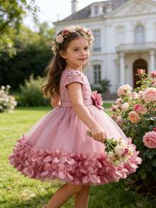 XUMPLO 小女孩优雅刺绣3D立体花朵蕾丝薄纱蓬蓬裙，公主裙，适合表演、节日、生日派对、婚礼、复活节等场合 - 藕粉色 - 查看 4