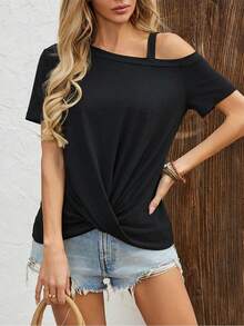 Women's Solid Color Asymmetrical Shoulder Short Sleeve T-Shirt, Fashionable European Style Casual - Black - View 6