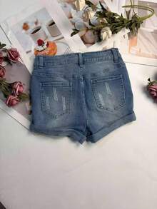 夏季狂野时尚女士豹纹印花牛仔短裤，带贴花口袋 - 藍色 - 查看 6