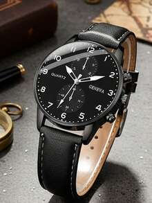 三件套奢华商务男士腕表套装，包括一枚黑色表盘多功能石英腕表（配黑色皮表带）、一个黑色压纹皮夹和一个金属钢笔。整体风格沉稳优雅，散发着成熟稳重的气质。 - 黑色 - 查看 9