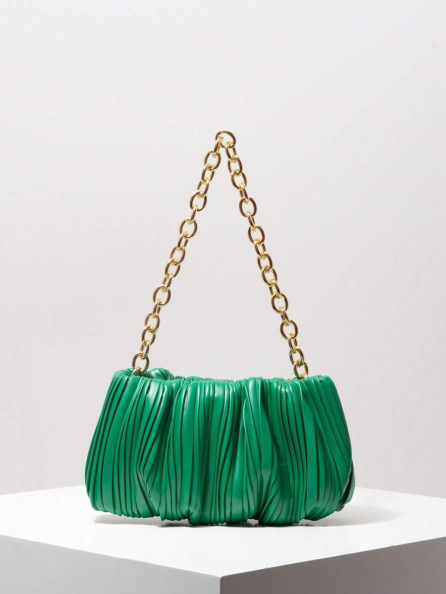 Ruched Pleated Metal Chain Shoulder Bag, Elegant Women's Wallet, Suitable For Commuting, Work, Party, Date (Random Pattern) - Green - View 1