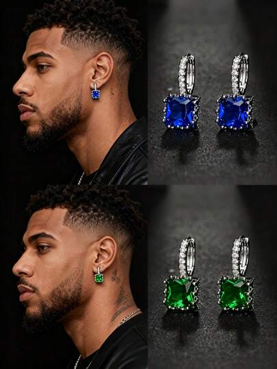 复古绿色祖母绿/宝蓝色方形/圆形/心形锆石吊坠耳环 | 闪亮水晶圆形水滴耳环，适合派对/约会