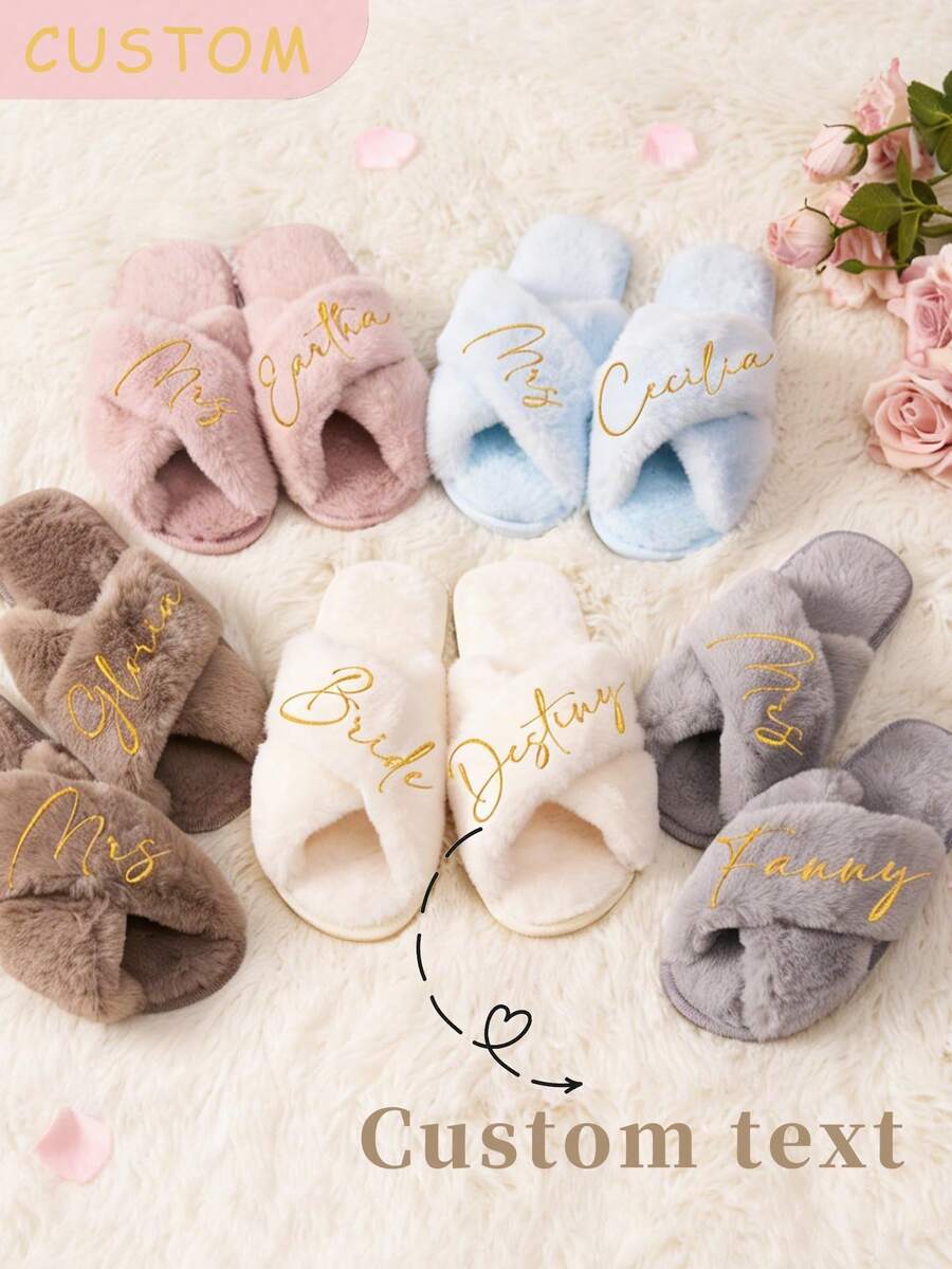 Custom Fluffy Slippers,Custom Bride Slippers,Fluffy Bridesmaid Slippers,Bride Slipper Personalized,Christmas Party Slippers,Fluffy Slippers,Bride To Be Gift, Bridesmaid Gift, Bachelorette Party, Fluffy Slippers - Multicolor - View 1