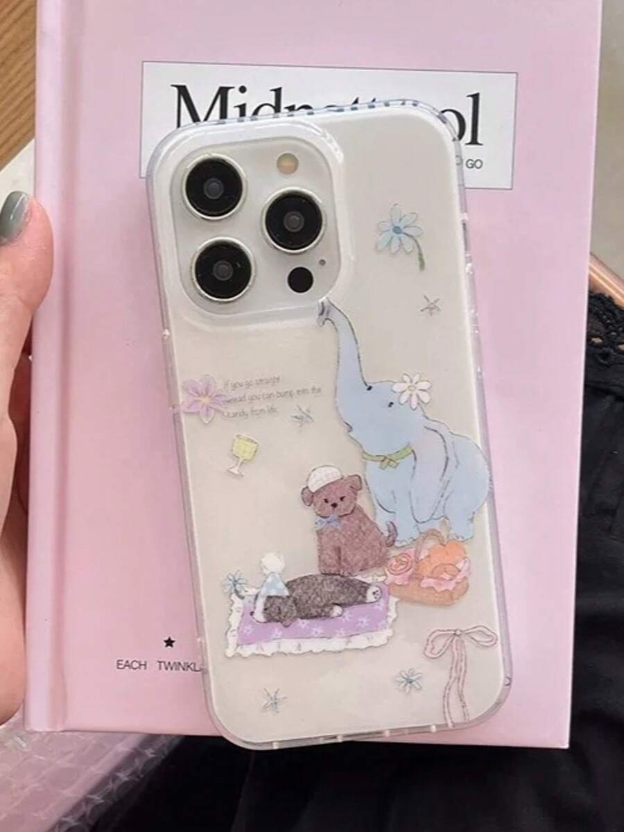 1pc Cute Cartoon Elephant Camping Bear Phone Case Compatible With Iphone17 12 11 14 15 16 17Pro Max 13 17Air 16Plus 15Pro 14Promax Soft Cases Protective Back Cover - White - View 1