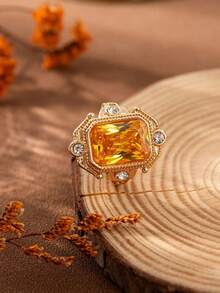 1pc Popular Women's Fashion Luxury Vintage Personalized Yellow Zirconia Ring, Wedding Engagement Party Jewelry Gift - Gold - View 8