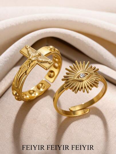 Anillo de acero inoxidable con el Ojo del Diablo y la Cruz de Jesús en estilo vintage para mujeres, anillo ajustable resistente a la decoloración en color dorado, joyería de boda, accesorios de graduación, regalo del Día de la Madre y cumpleaños