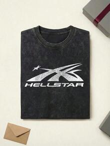 2026 Summer TopsShooting Star Logo Graphic Tee Unisex Couple Matching Boyfriend Style Hell Star Y2K Streetwear Aesthetic Acid Washed Cotton Graphic Tees Men Oversized T Shirt Summer Fits Camisetas Para HombreLoose And Comfortableshirt - 黑色 - 查看 3
