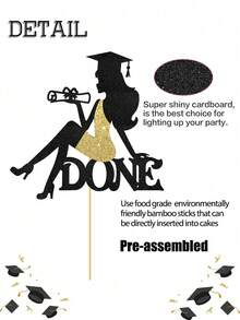 1件預組裝亮片「Done」畢業蛋糕裝飾插牌－女性畢業生剪影蛋糕插牌，適用高中與大學畢業派對裝飾 - 彩色 - 查看 2