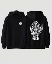 Hooded Sweatshirt With Saint Benedict Protector Medal, Catholic Religious Christian, Holy Cross, God - Black - View 3