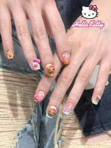 SANRIO 24片短方形3D凝胶美甲贴纸，饰有可爱的3D星星、爱心、蝴蝶结、珍珠和水钻，粉色少女风，完美贴合假指甲，包含1瓶胶水和1个指甲锉，适合日常和派对场合。 - 彩色 - 查看 2