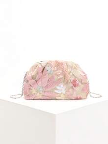 1pc Colorful PVC Sequin Flower Pattern Linen Base Mesh Embroidery Ruffle Cloud Clutch Bag, Shiny Sparkly Evening Bag For Casual, Holiday, Party Use (Flower Sequin Pattern Randomly Sent) - Baby Pink - View 4