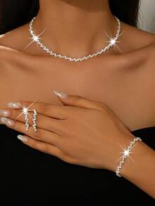 1 Set Of 3 Jewelry Pieces (Necklace + Earrings + Bracelet), Sparkling Wave-Shaped Full Crystal Copper Material, Suitable For Evening Party, Valentine's Day Gift - Silver - View 6