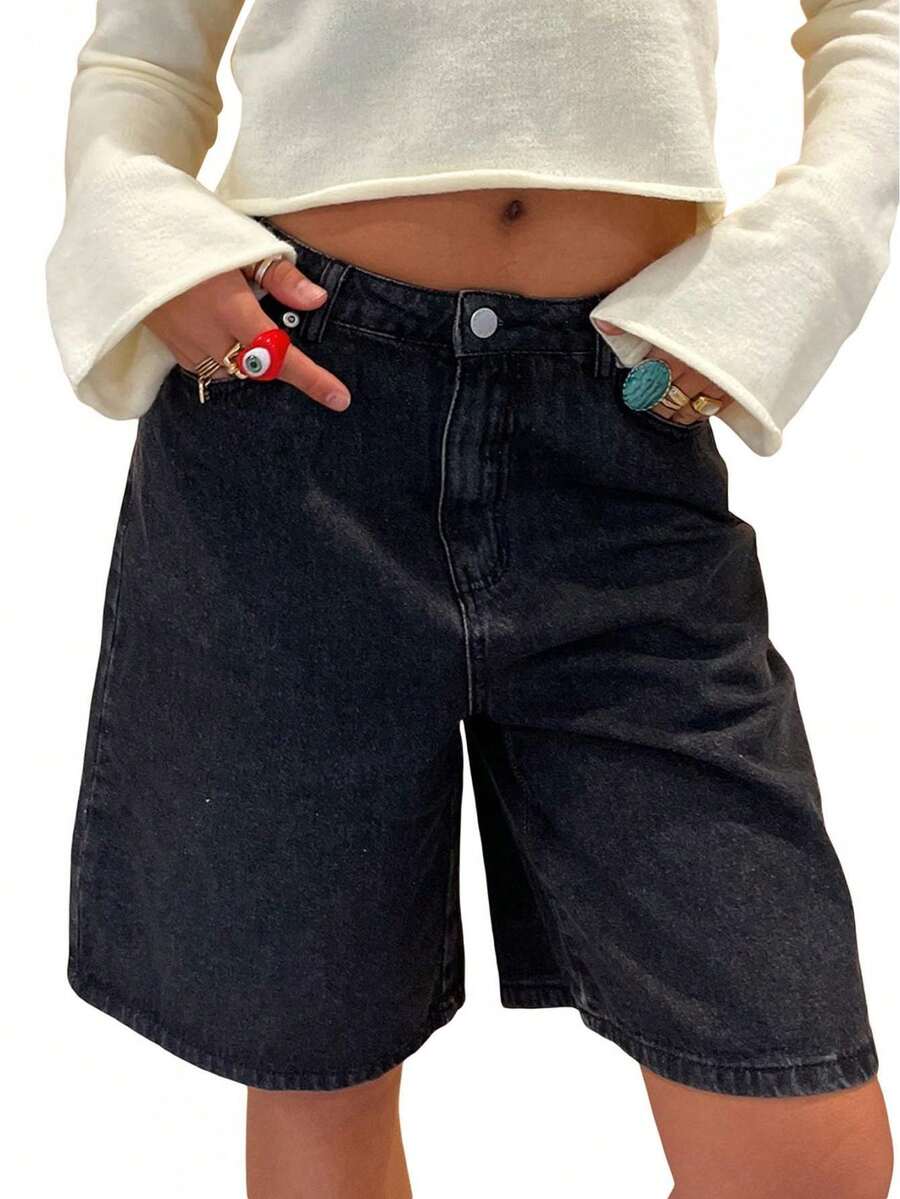 Womens Knee Length Denim Shorts Solid Color High Waist Loose Fit Jean Shorts For Summer - 黑色 - 查看 1