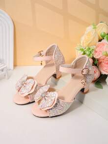 1 Pair Girls' Pink Dreamy Diamond Bow Sandals, Open Toe Low Heel, Comfortable Sparkly, Princess Style, Summer Party Shoes - Pink - View 1