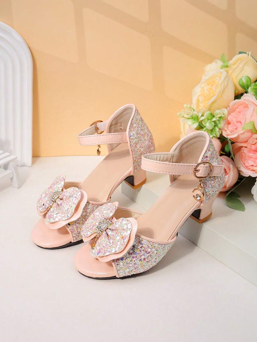 1 Pair Girls' Pink Dreamy Diamond Bow Sandals, Open Toe Low Heel, Comfortable Sparkly, Princess Style, Summer Party Shoes - Pink - View 1