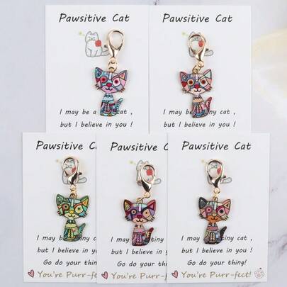 5pcs Cute Cat Keychain Set, Includes Cat Cards, Suitable As Gifts For Bag, Back To School, Graduation, Mother's Day And Other Holidays, Great For Family, Friends, Lover, Teacher, Classmates' Birthday And Festival Gifts