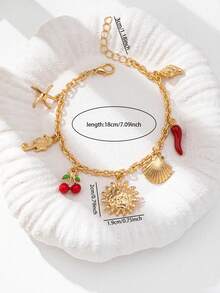 1 件 Y2K 夏季樱桃海星旭日吊坠手链，女士时尚链条手链，配红色辣椒吊坠，适合日常佩戴的 Vocation Vibes 饰品 - 櫻桃辣椒吊墜手鍊 - 查看 3