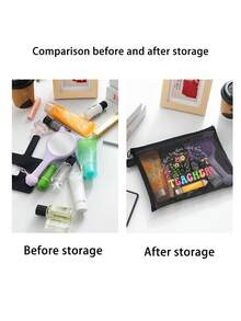 1个花卉“教师”图案网眼化妆包 - 拉链旅行收纳袋，多功能化妆包，收纳整理包，便携式化妆品收纳袋，珠宝配件收纳袋，是返校、生日、节日、教师节的理想礼物，创意教师礼品洗漱包，护肤包，洗漱旅行包，女士度假必备旅行包，大容量旅行包 - 彩色 - 查看 8