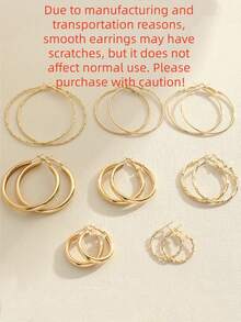 8pairs Metallic Round Hoop Earrings Set For Women - Yellow Gold - View 6