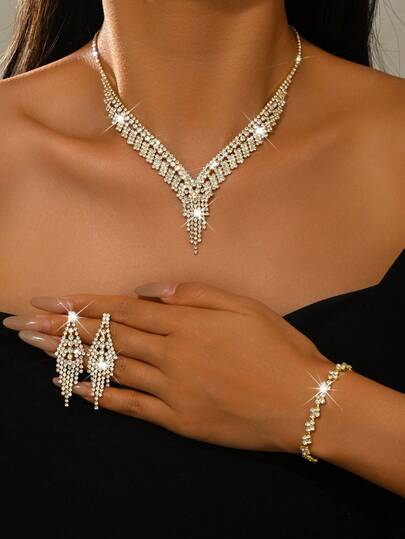 Ensemble de bijoux de mariée de luxe avec cristaux et franges, collier, boucles d'oreilles et bracelet en cristal d'argent, convient pour mariage, anniversaire, fête, Nouvel An