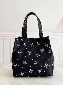 Portable Insulated Lunch Bag; Thickened Cute Lunch Fruit Bag For Students; Pink Asymmetrical Bowknot & Heart Print - Black - View 5