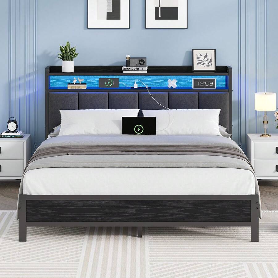 Twin/ Full/ Queen/ King Bed Frame With Storage Headboard, LED Bed Frame With Charging Station, Upholstered Platform Bed Frame With Heavy Duty Metal Slats, No Box Spring Needed, Easy Assembly, Black/ White/ Beige - 查看 1