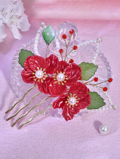 1 件红色花朵发梳，饰有优雅的珍珠水晶，仙女风格侧边发饰，适合新娘、婚礼、节日、派对、日常休闲、约会等场合，女士适用。