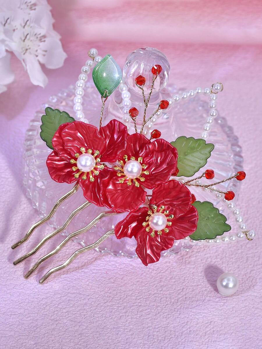 1 Stück rote Blumen Haarkamm mit eleganter Perlen-Kristall-Dekoration, feenhafter Seitenhaarschmuck geeignet für Braut, Hochzeit, Festival, Party, täglichen Lässig-Anlass, Date-Gelegenheiten für Frauen, Haarkamm, Haarschmuck