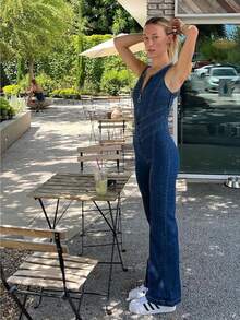 European And American Clothing 2026 Summer New Slim Slimming Fashion Street Photography Retro Style High-Waisted Washed Denim Jumpsuit - 藍色 - 查看 4