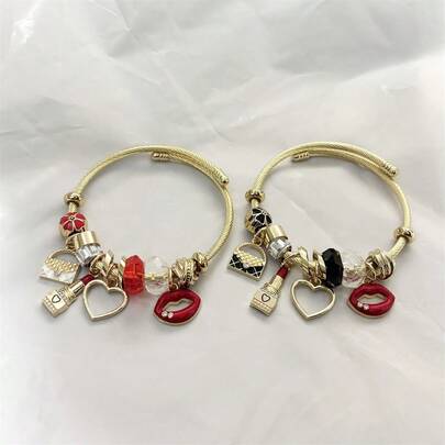 1件熊猫DIY时尚百搭心形口红不锈钢可调节手链送给闺蜜的礼物