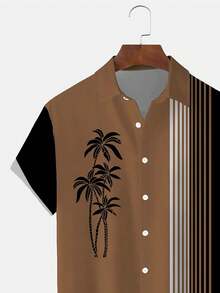 Vintage Bowling Coconut Tree Striped 3D Print Plus Size Men's Button Pocket Short Sleeve Shirt - Brown - View 6