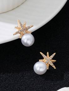 1 Pair Cute & Elegant Faux Pearl Octagon Stud Earrings, Suitable For Daily Wear - Yellow Gold - View 3