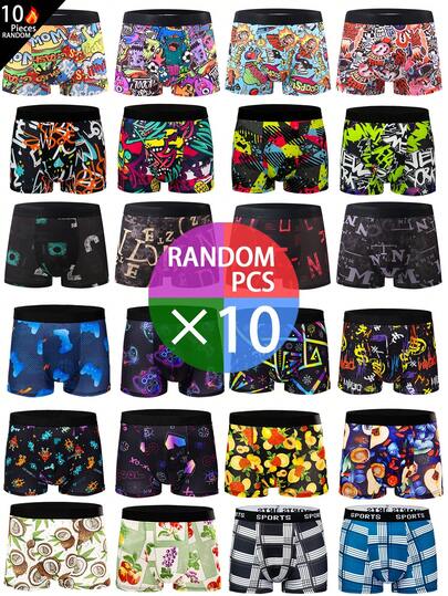 10 قطعة/عبوة ملابس داخلية رجالية بأنماط عشوائية - سراويل داخلية مريحة ومطاطية مناسبة للارتداء اليومي والرياضي - ناعمة وخفيفة الوزن، أنماط مفاجئة مختلطة عشوائيًا