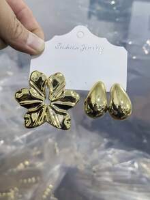 2/4/6/16pcs Fashionable New ABS Resin UV Plated Gold CCB Exaggerated C-Shape Water Drop Personalized Earring Set, Suitable For Daily Wear [Earring Material: ABS Plastic] - Gold - View 4