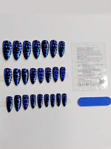 Monina 24片深蓝色蛇皮杏仁形假指甲，朋克摇滚风蛇皮简约时尚美甲，高端百搭休闲亮泽美甲，时尚达人必备美甲用品 - 藍色 - 查看 6