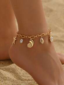 1pc Summer Beach Vacation Style Multi-Pendant Anklet, Fashionable Metallic Starfish & Natural Seashell Charm Jewelry For Women, Suitable For Daily Dates, Vacation Outfits. The Shape, Size And Pattern Of The Natural Seashells Are Random. - Multicolor - View 7