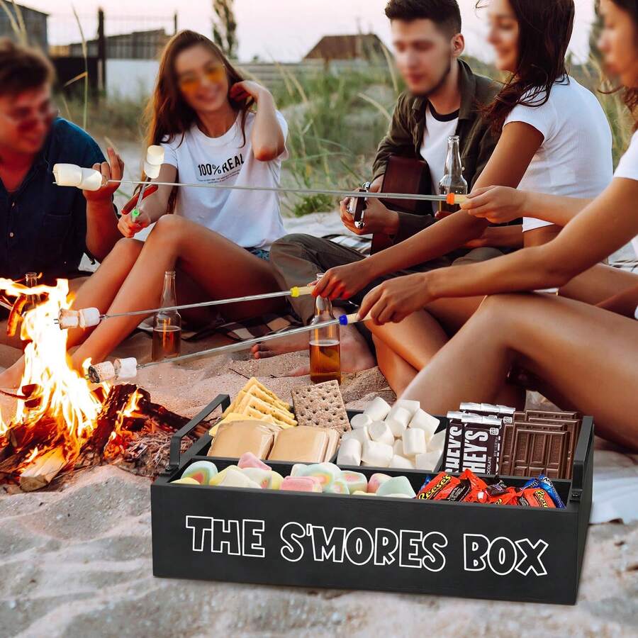 S'Mores Station With Handles, Wooden S'Mores Caddy Bar Holder With 4 Roasting Sticks, Farmhouse Smores Tray For Smores Kit For Fire Pit, Smores Maker Tabletop Indoor Kit For S'Mores Kit - B - View 1