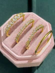 4pcs Luxury Sparkling Women's Engagement Rings, 14k Gold Plated With Shiny Synthetic Cubic Zirconia, Symbolizing Noble And Eternal Love, Best Gift Choice For Engagement/Wedding, Anniversary, Valentine's Day - Gold - View 3