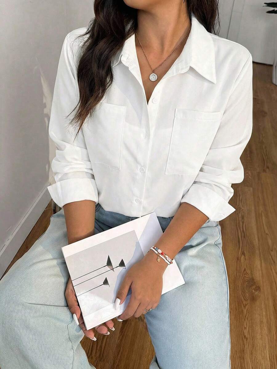 QIANZHIDU 大码女式长袖衬衫，适合办公室穿着、休闲外套、秋季服装、返校季、复活节穿着，也可作为男友风休闲装、女士工作衬衫套装、复古衬衫、女教师服装或商务休闲教师装。 - 白色 - 查看 1