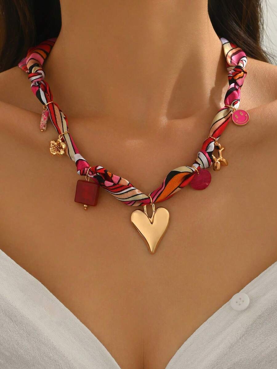 1pc Vintage Elegant Versatile Creative Metal Heart, Flower, Smiling Face, Geometric Circle & Square Pendant Scarf Necklace, Suitable For Women Everyday And Party Wear - Multicolor - View 1