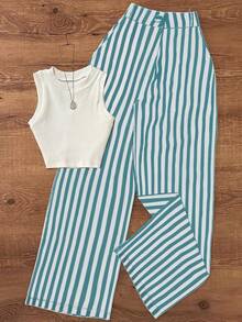 Women's Casual Striped Sleeveless Top And Striped Pants Set, Suitable For Office, Garden, Spring/Summer - Mint Blue - View 2