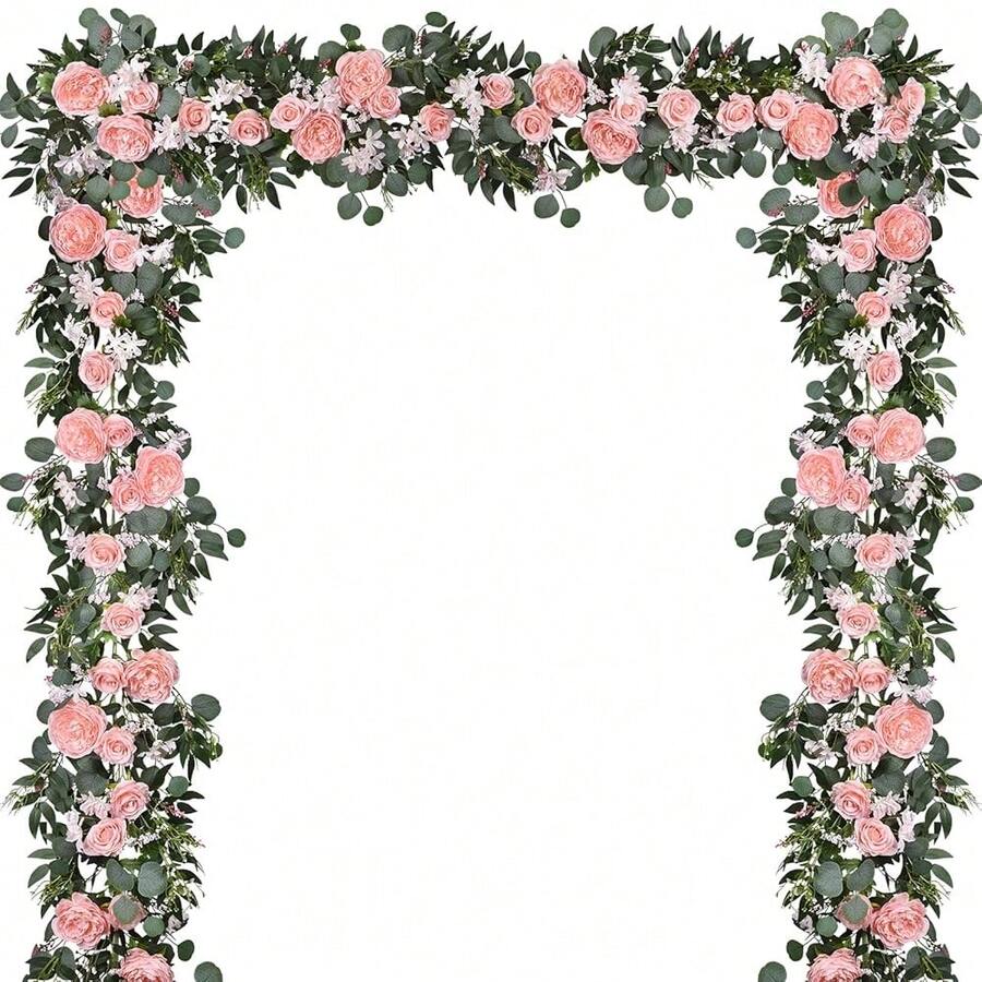 2 Pack Artificial Peony Flower Garland - 6ft Silk Peony Vine Willow Leaves And Eucalyptus Garland White Arch Flower Vine For Wedding Party Table Decoration (Pink) - 粉色 - 查看 1
