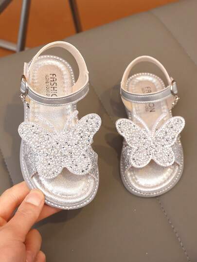 1 Pair Vintage Girls Sandals With Hollow Bowknot And Rhinestones, Sweet Style, Summer New Non-Slip Rubber Sole Open Toe Breathable Fashion, Suitable For Party, Vacation, Breathable Toe-Exposed Beach Sandals With Soft Non-Slip Soles