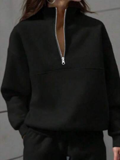 Women's Solid Color Zip-Up Long Sleeve Sweatshirt, Minimalist & Fashionable, Suitable For Graduation, Teacher, Back To School, Spring/Summer/Autumn/Winter