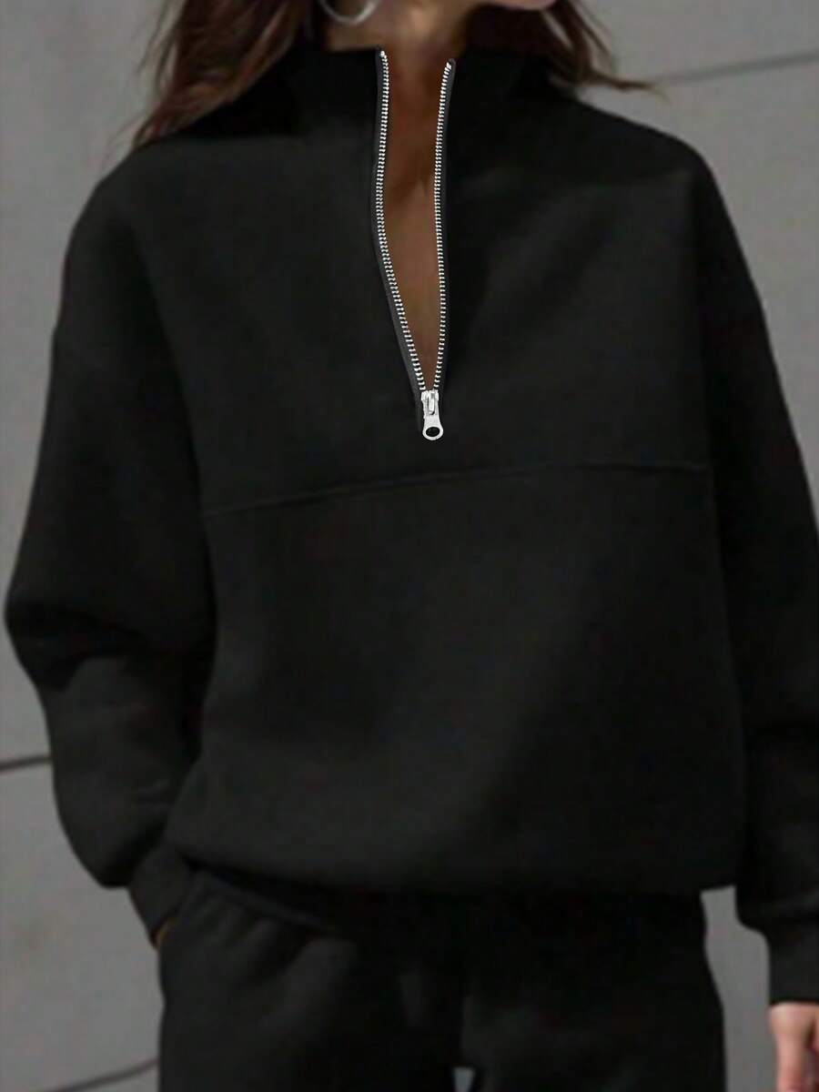 Women's Solid Color Zip-Up Long Sleeve Sweatshirt, Minimalist & Fashionable, Suitable For Graduation, Teacher, Back To School, Spring/Summer/Autumn/Winter Casual Black