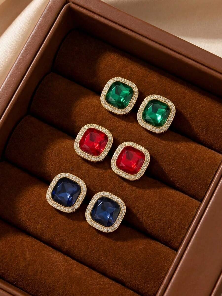3 pares de pendientes de lujo con diseño geométrico de cristales en rojo, azul y verde, elegantes y minimalistas, adecuados para uso diario y ocasiones festivas de las mujeres - Conjunto de tres piezas - Estilo C - Ver 1