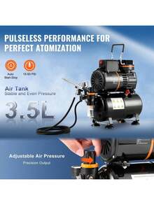 Airbrush Kit, Dual Fan Air Tank Compressor System Kit With 3.5L Air Storage Tank, Air Brush Set With 0.3 Mm Tip Airbrush, Holder, Color Mixing Wheel, Cleaning Brush Set, Art Nail Cookie Tattoo - Black - View 3