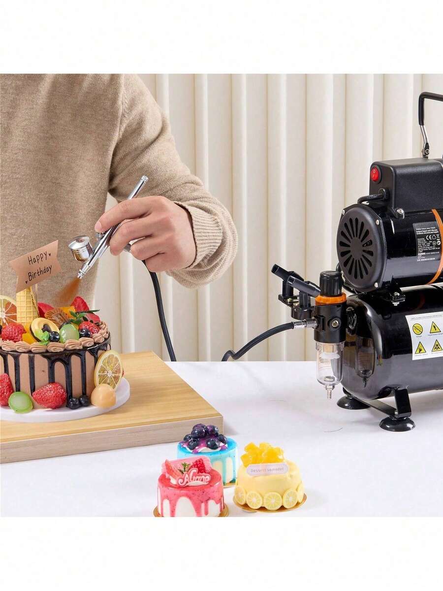 Airbrush Kit, Dual Fan Air Tank Compressor System Kit With 3.5L Air Storage Tank, Air Brush Set With 0.3 Mm Tip Airbrush, Holder, Color Mixing Wheel, Cleaning Brush Set, Art Nail Cookie Tattoo - Black - View 1