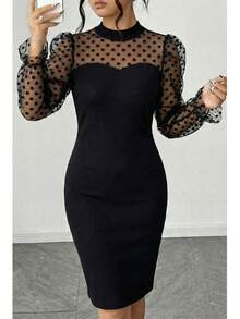 Mesh Splice Stand Collar Fitted Elegant Long Sleeve Dress - Black - View 1